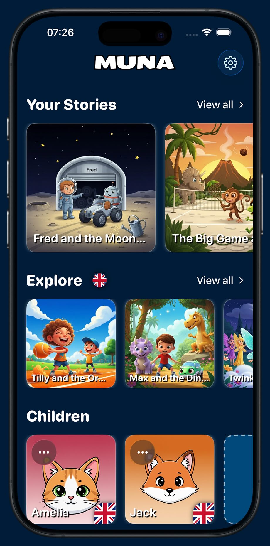 Muna Stories app showing personalized children's stories